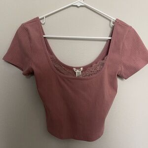 Bozzolo Dusty Rose Ribbed Scoop Crop Top with Lace Trim